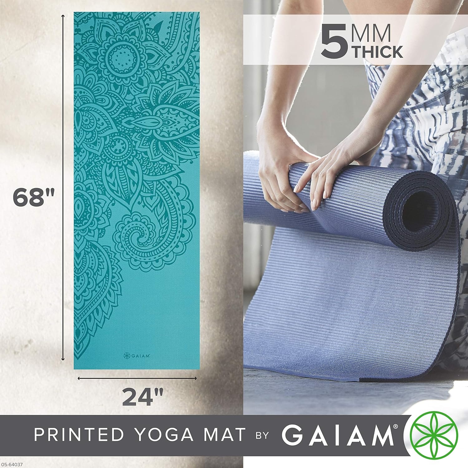 image:imageGaiam Yoga Mat  Premium 5mm Print Thick Non Slip Exercise amp Fitness Mat for All Types of Yoga Pilates amp Floor Workouts 68 x 24 x 5mm  Printed Design  Sticky NonSlip Surface  5mm Cushioning  Yoga Pilates amp Floor Workouts  68x24Paisley Frost