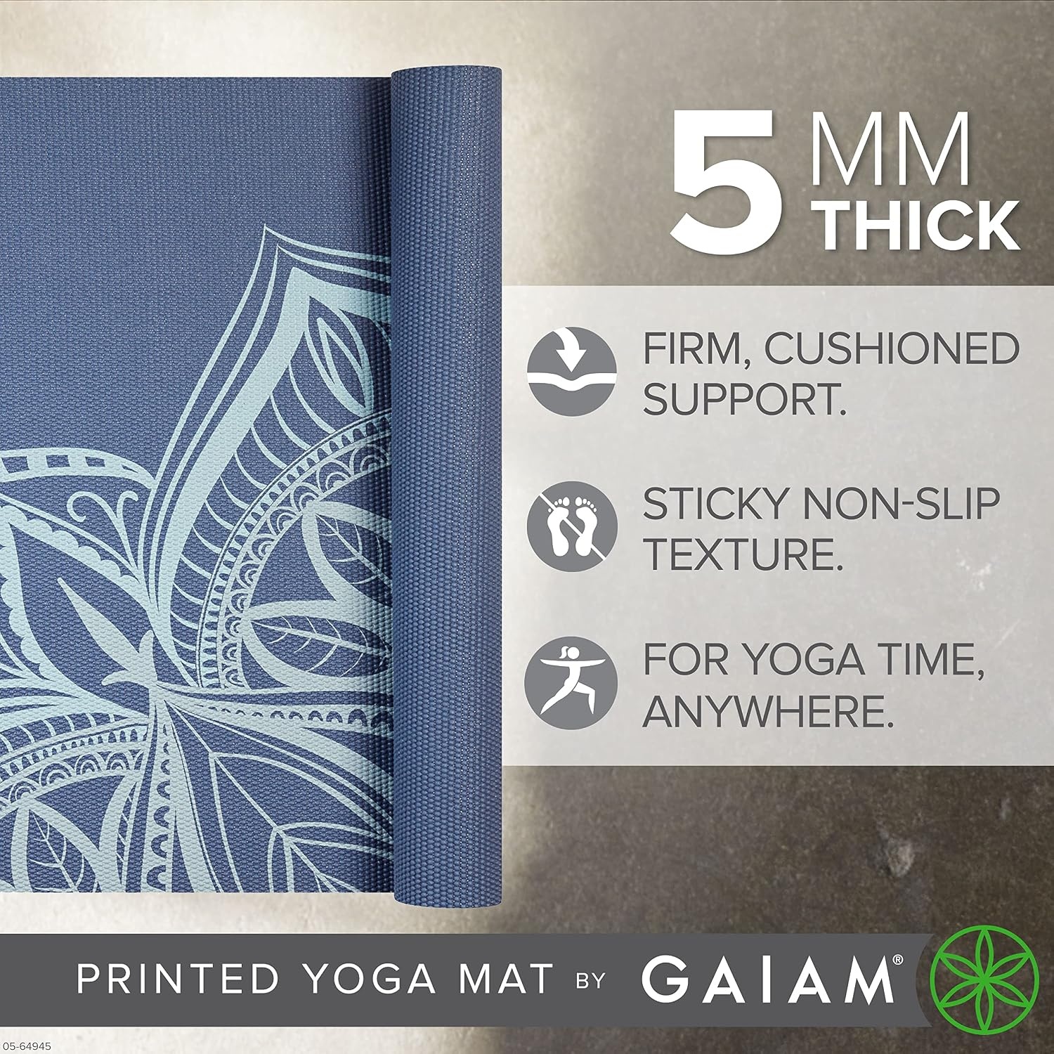 image:imageGaiam Yoga Mat  Premium 5mm Print Thick Non Slip Exercise amp Fitness Mat for All Types of Yoga Pilates amp Floor Workouts 68 x 24 x 5mm  Printed Design  Sticky NonSlip Surface  5mm Cushioning  Yoga Pilates amp Floor Workouts  68x24High Tide Point