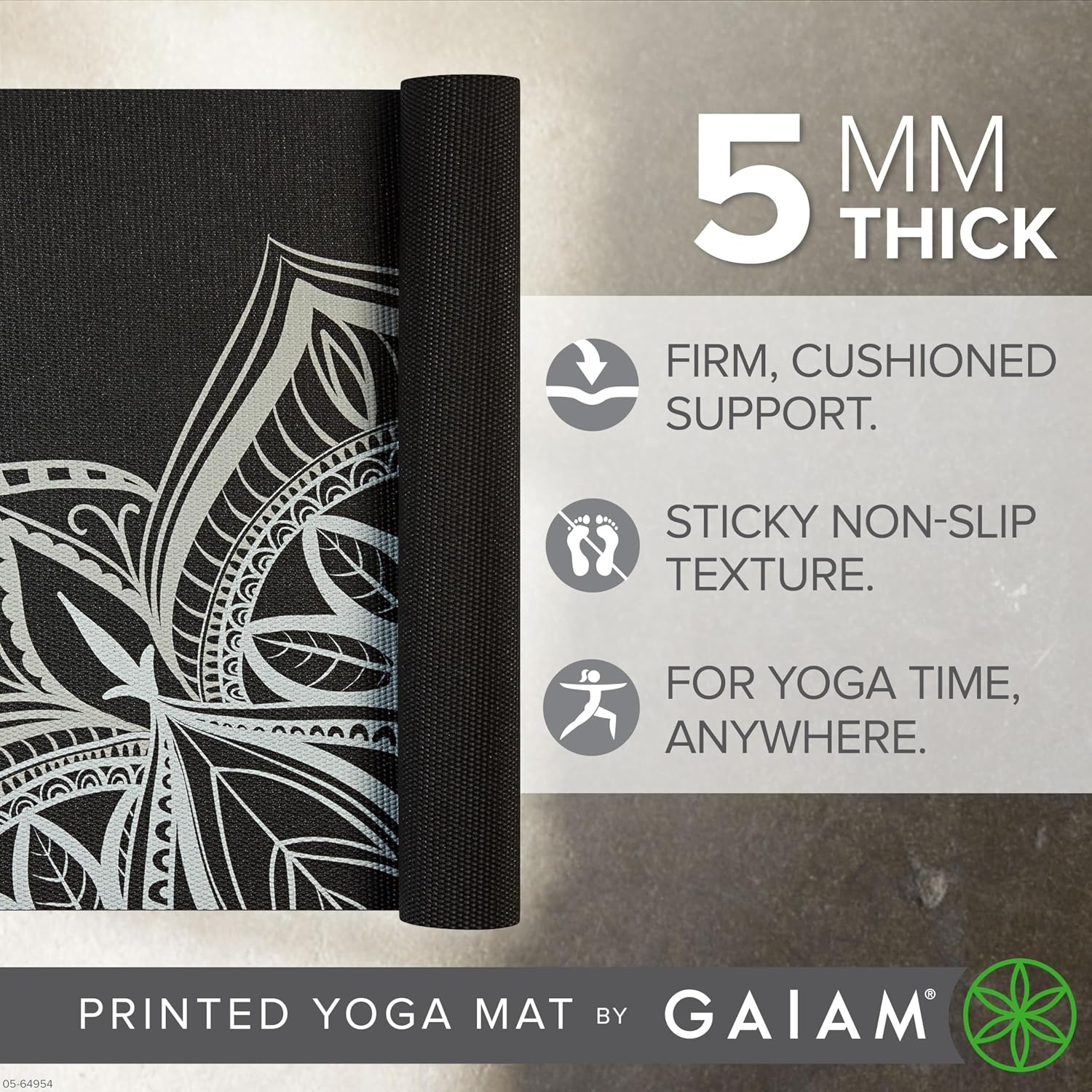 image:imageGaiam Yoga Mat  Premium 5mm Print Thick Non Slip Exercise amp Fitness Mat for All Types of Yoga Pilates amp Floor Workouts 68 x 24 x 5mm  Printed Design  Sticky NonSlip Surface  5mm Cushioning  Yoga Pilates amp Floor Workouts  68x24Midnight Point