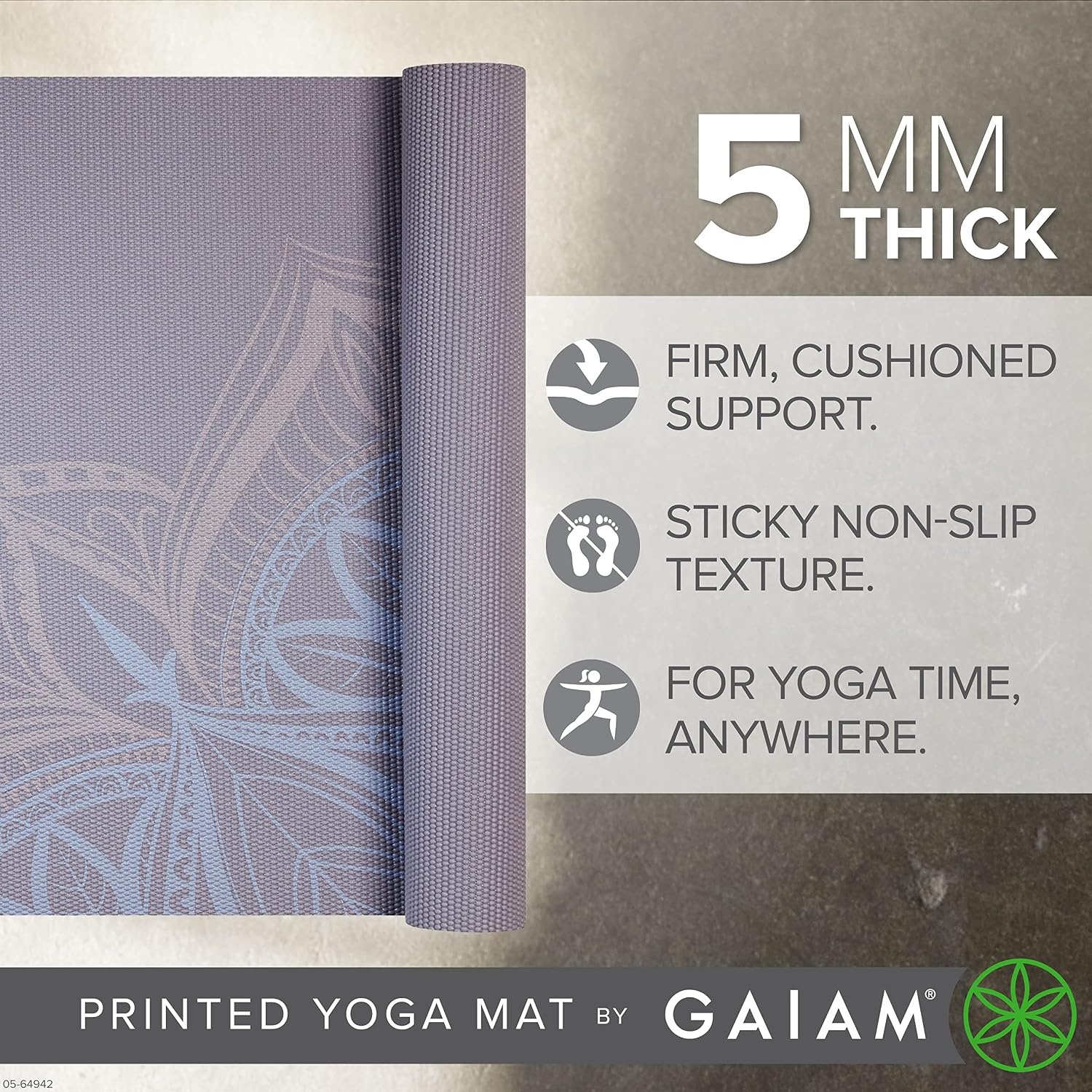 image:imageGaiam Yoga Mat  Premium 5mm Print Thick Non Slip Exercise amp Fitness Mat for All Types of Yoga Pilates amp Floor Workouts 68 x 24 x 5mm  Printed Design  Sticky NonSlip Surface  5mm Cushioning  Yoga Pilates amp Floor Workouts  68x24Dusty Purple Point