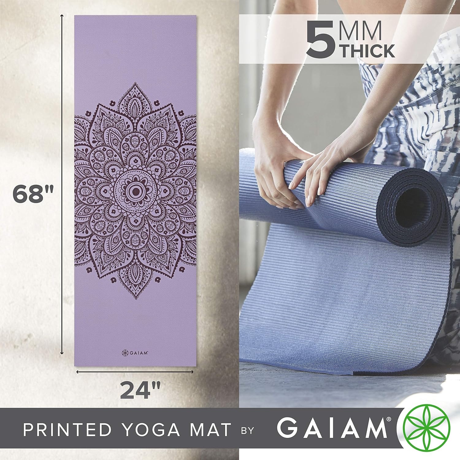 image:imageGaiam Yoga Mat  Premium 5mm Print Thick Non Slip Exercise amp Fitness Mat for All Types of Yoga Pilates amp Floor Workouts 68 x 24 x 5mm  Printed Design  Sticky NonSlip Surface  5mm Cushioning  Yoga Pilates amp Floor Workouts  68x24New Lilac Sundial
