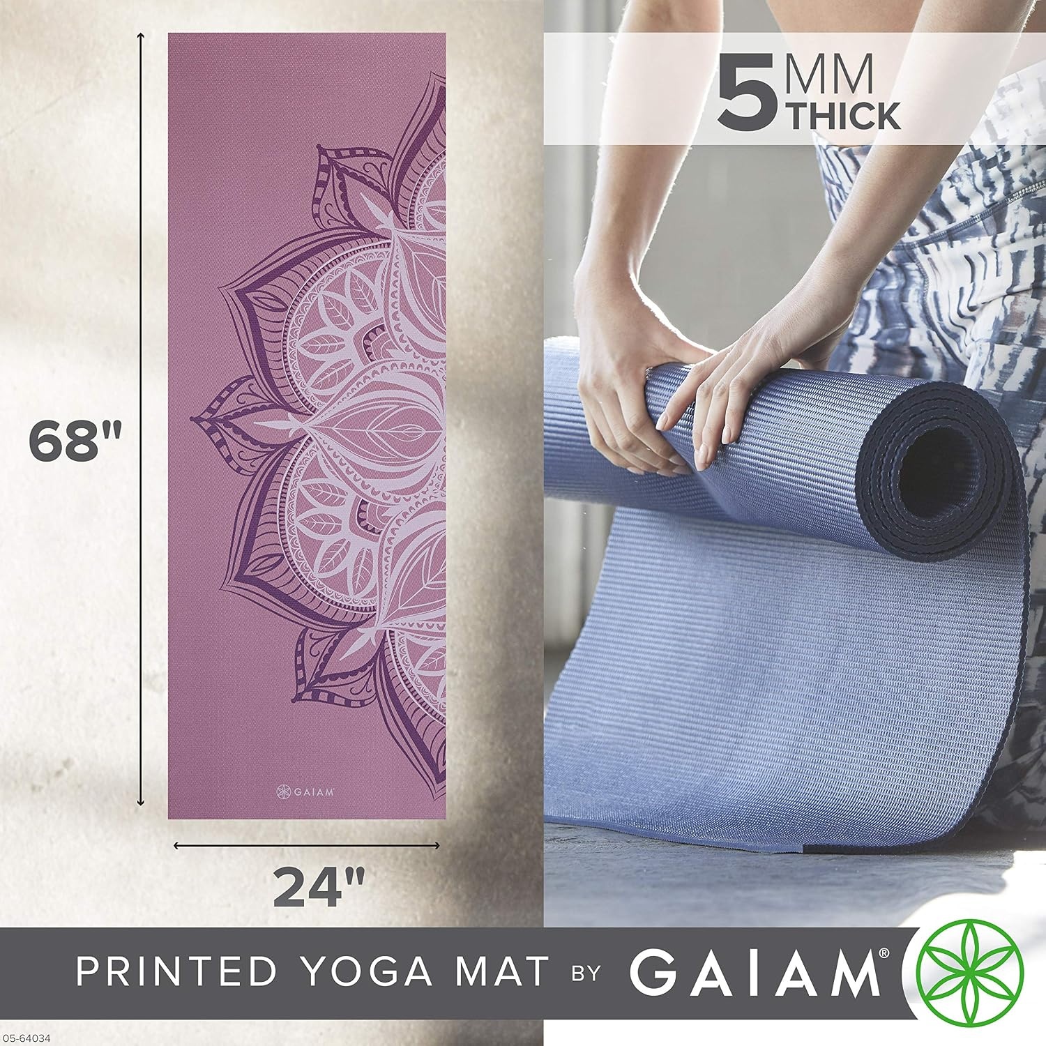 image:imageGaiam Yoga Mat  Premium 5mm Print Thick Non Slip Exercise amp Fitness Mat for All Types of Yoga Pilates amp Floor Workouts 68 x 24 x 5mm  Printed Design  Sticky NonSlip Surface  5mm Cushioning  Yoga Pilates amp Floor Workouts  68x24Violet Blush Point