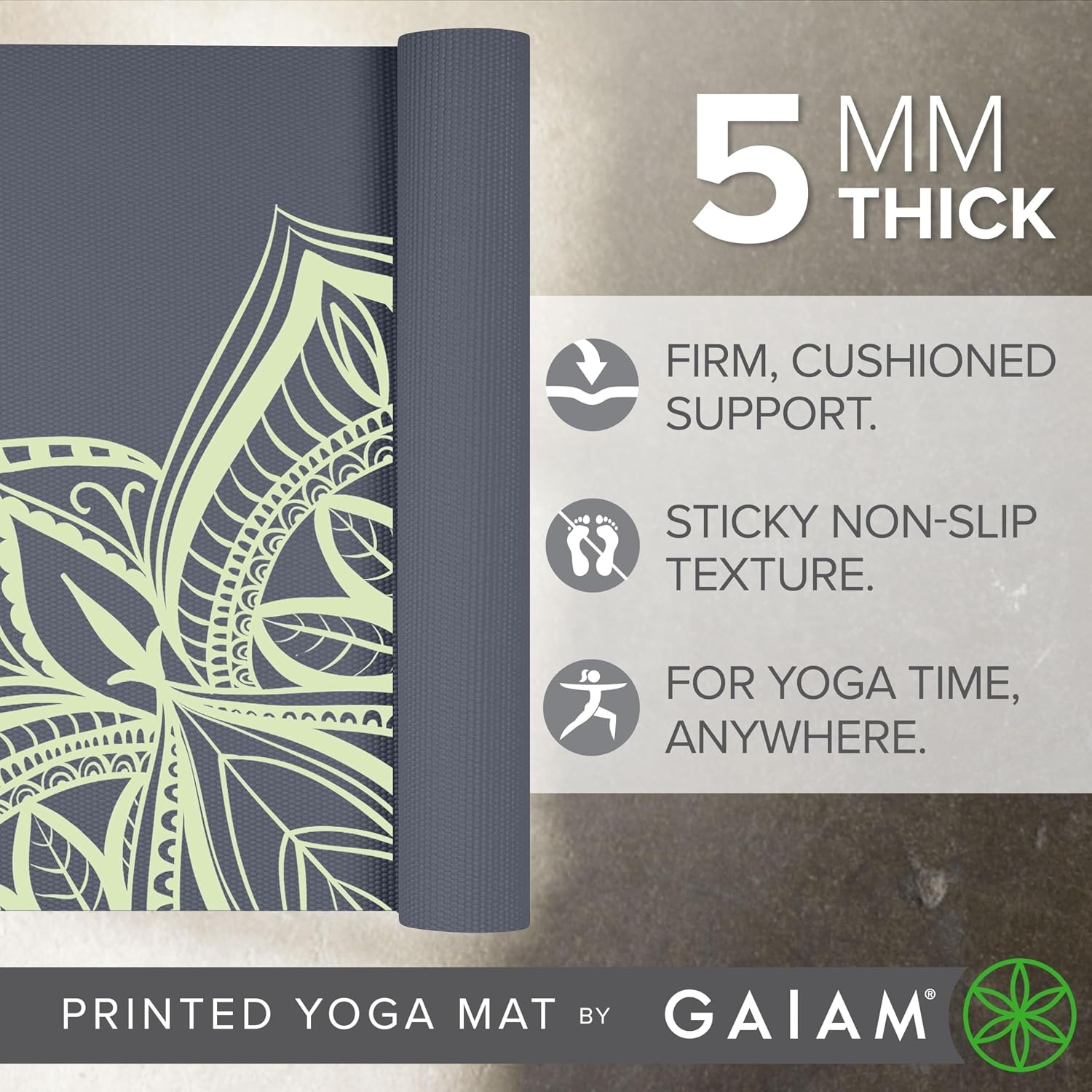 image:imageGaiam Yoga Mat  Premium 5mm Print Thick Non Slip Exercise amp Fitness Mat for All Types of Yoga Pilates amp Floor Workouts 68 x 24 x 5mm  Printed Design  Sticky NonSlip Surface  5mm Cushioning  Yoga Pilates amp Floor Workouts  68x24Cool Mint Point