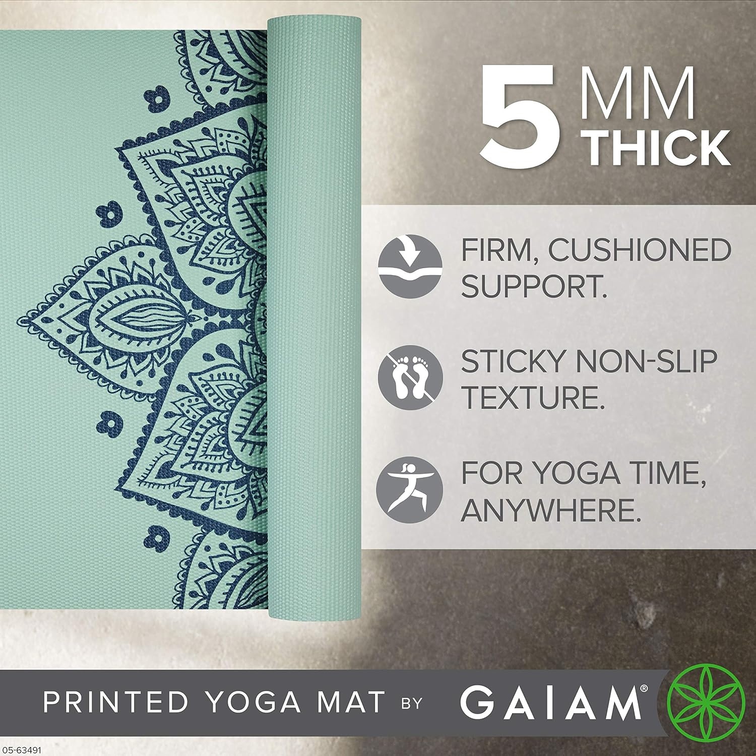 image:imageGaiam Yoga Mat  Premium 5mm Print Thick Non Slip Exercise amp Fitness Mat for All Types of Yoga Pilates amp Floor Workouts 68 x 24 x 5mm  Printed Design  Sticky NonSlip Surface  5mm Cushioning  Yoga Pilates amp Floor Workouts  68x24Cool Mint Sundial