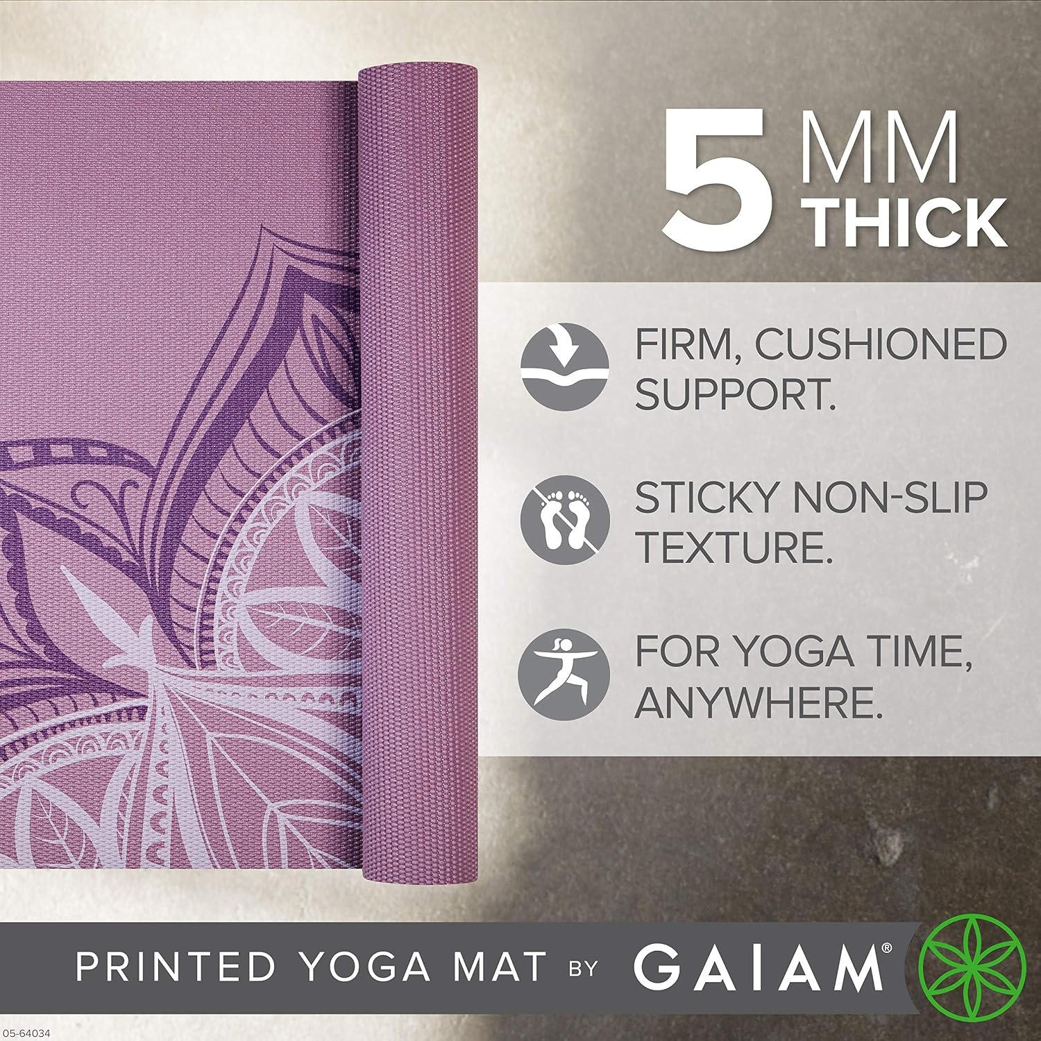 image:imageGaiam Yoga Mat  Premium 5mm Print Thick Non Slip Exercise amp Fitness Mat for All Types of Yoga Pilates amp Floor Workouts 68 x 24 x 5mm  Printed Design  Sticky NonSlip Surface  5mm Cushioning  Yoga Pilates amp Floor Workouts  68x24Violet Blush Point