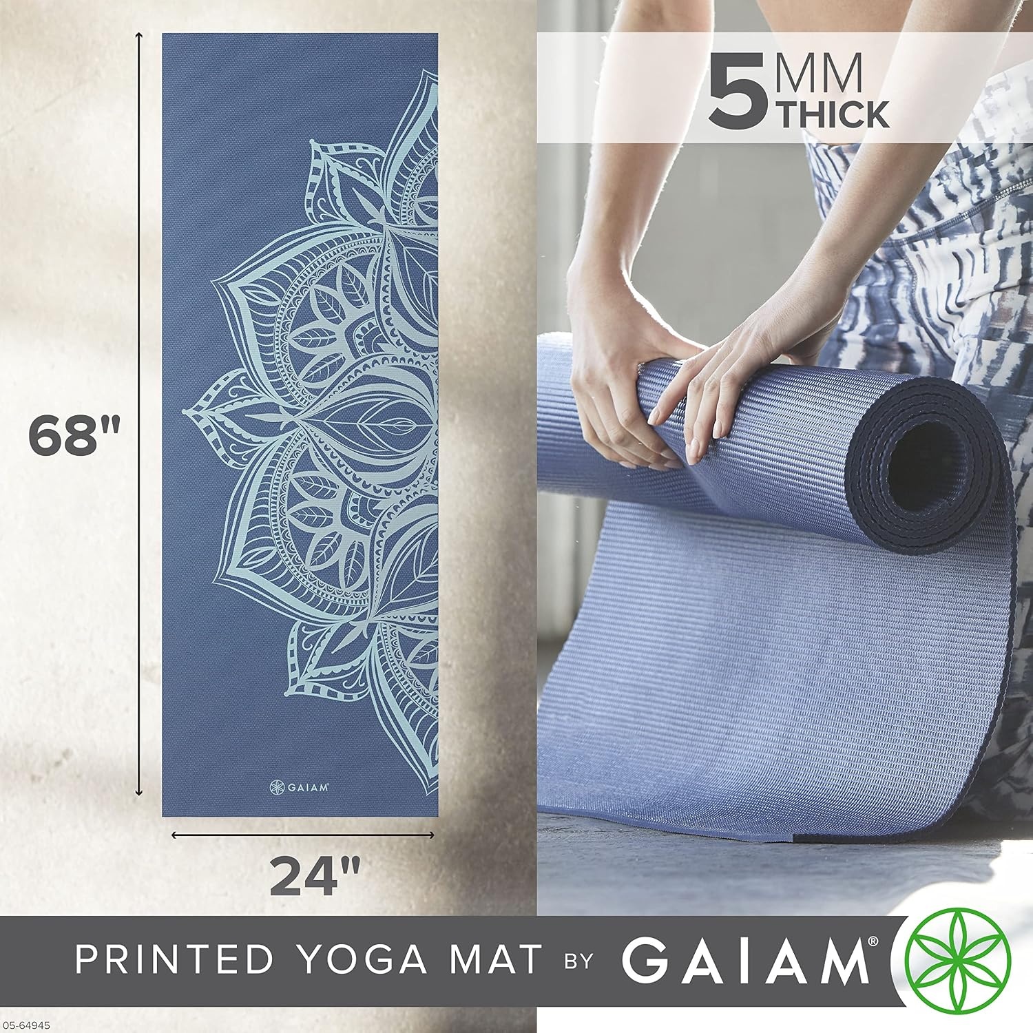 image:imageGaiam Yoga Mat  Premium 5mm Print Thick Non Slip Exercise amp Fitness Mat for All Types of Yoga Pilates amp Floor Workouts 68 x 24 x 5mm  Printed Design  Sticky NonSlip Surface  5mm Cushioning  Yoga Pilates amp Floor Workouts  68x24High Tide Point