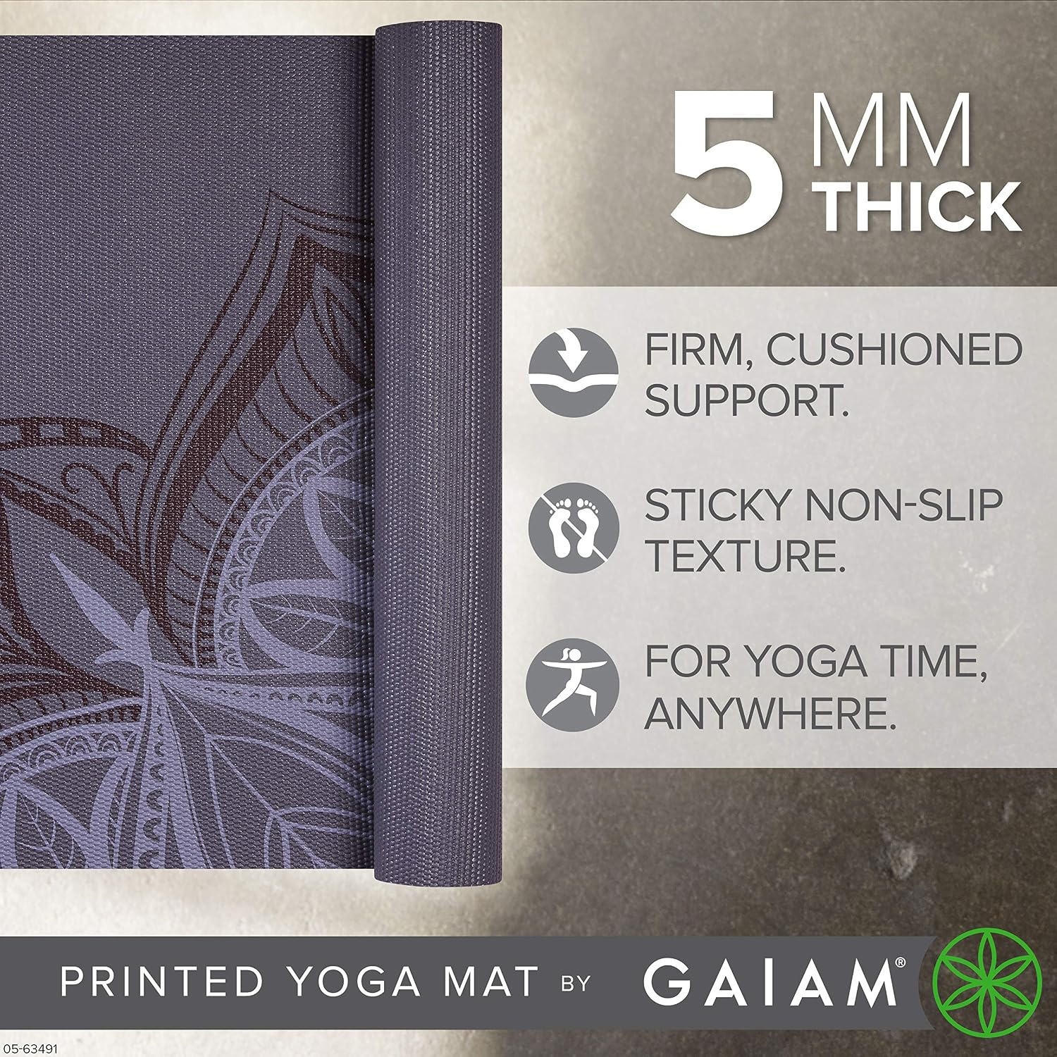 image:imageGaiam Yoga Mat  Premium 5mm Print Thick Non Slip Exercise amp Fitness Mat for All Types of Yoga Pilates amp Floor Workouts 68 x 24 x 5mm  Printed Design  Sticky NonSlip Surface  5mm Cushioning  Yoga Pilates amp Floor Workouts  68x24Aubergine Point