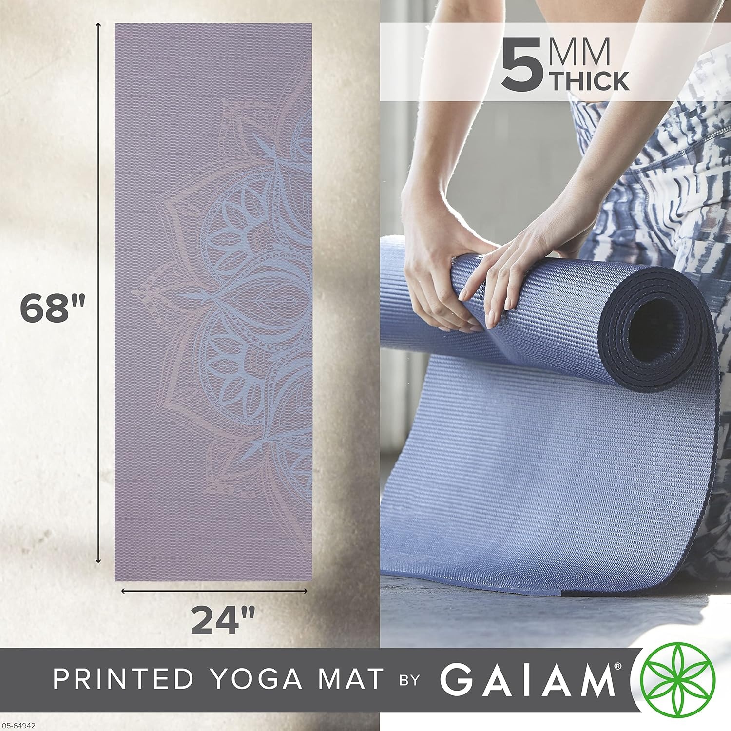 image:imageGaiam Yoga Mat  Premium 5mm Print Thick Non Slip Exercise amp Fitness Mat for All Types of Yoga Pilates amp Floor Workouts 68 x 24 x 5mm  Printed Design  Sticky NonSlip Surface  5mm Cushioning  Yoga Pilates amp Floor Workouts  68x24Dusty Purple Point