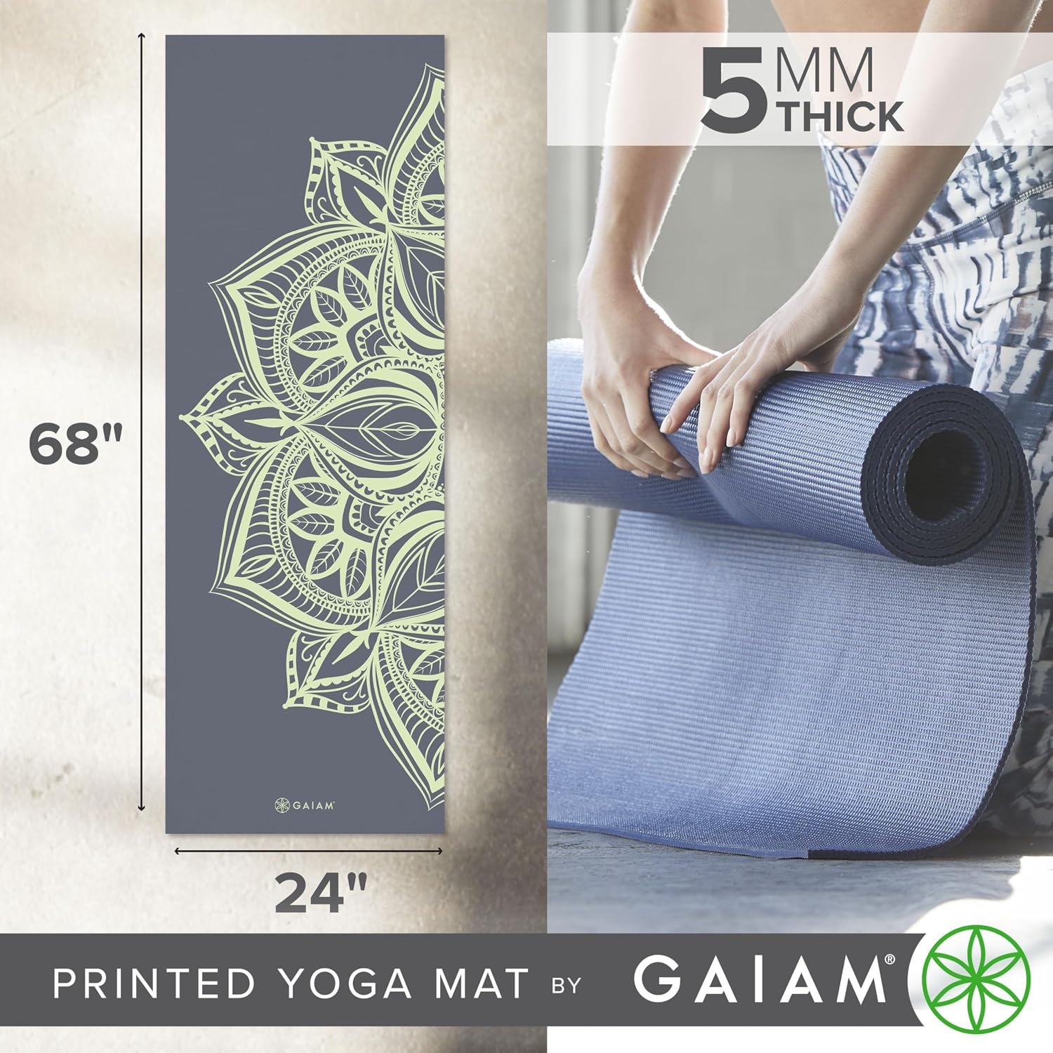 image:imageGaiam Yoga Mat  Premium 5mm Print Thick Non Slip Exercise amp Fitness Mat for All Types of Yoga Pilates amp Floor Workouts 68 x 24 x 5mm  Printed Design  Sticky NonSlip Surface  5mm Cushioning  Yoga Pilates amp Floor Workouts  68x24Cool Mint Point