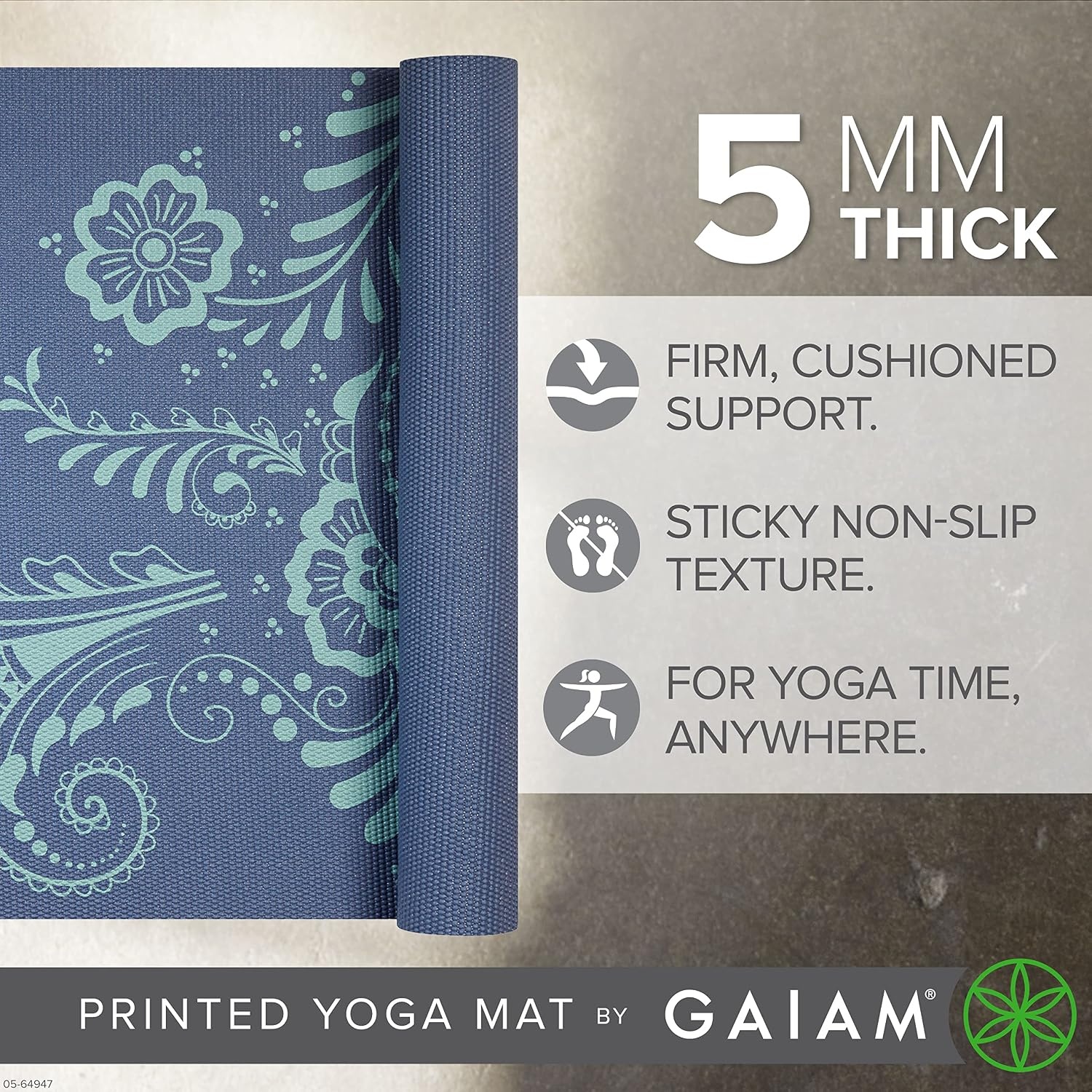 image:imageGaiam Yoga Mat  Premium 5mm Print Thick Non Slip Exercise amp Fitness Mat for All Types of Yoga Pilates amp Floor Workouts 68 x 24 x 5mm  Printed Design  Sticky NonSlip Surface  5mm Cushioning  Yoga Pilates amp Floor Workouts  68x24High Tide Swirl