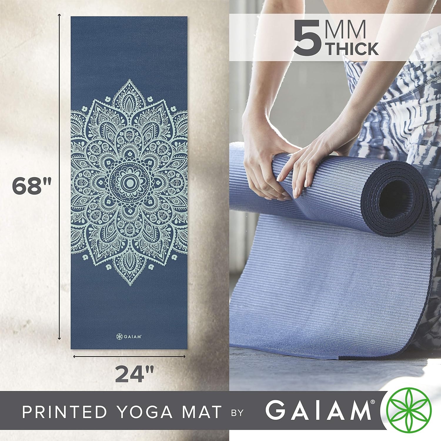 image:imageGaiam Yoga Mat  Premium 5mm Print Thick Non Slip Exercise amp Fitness Mat for All Types of Yoga Pilates amp Floor Workouts 68 x 24 x 5mm  Printed Design  Sticky NonSlip Surface  5mm Cushioning  Yoga Pilates amp Floor Workouts  68x24Indigo Sundial
