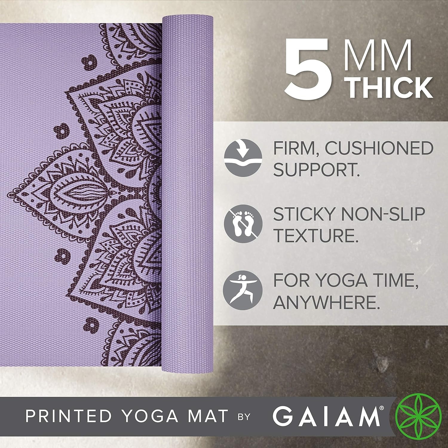 image:imageGaiam Yoga Mat  Premium 5mm Print Thick Non Slip Exercise amp Fitness Mat for All Types of Yoga Pilates amp Floor Workouts 68 x 24 x 5mm  Printed Design  Sticky NonSlip Surface  5mm Cushioning  Yoga Pilates amp Floor Workouts  68x24New Lilac Sundial