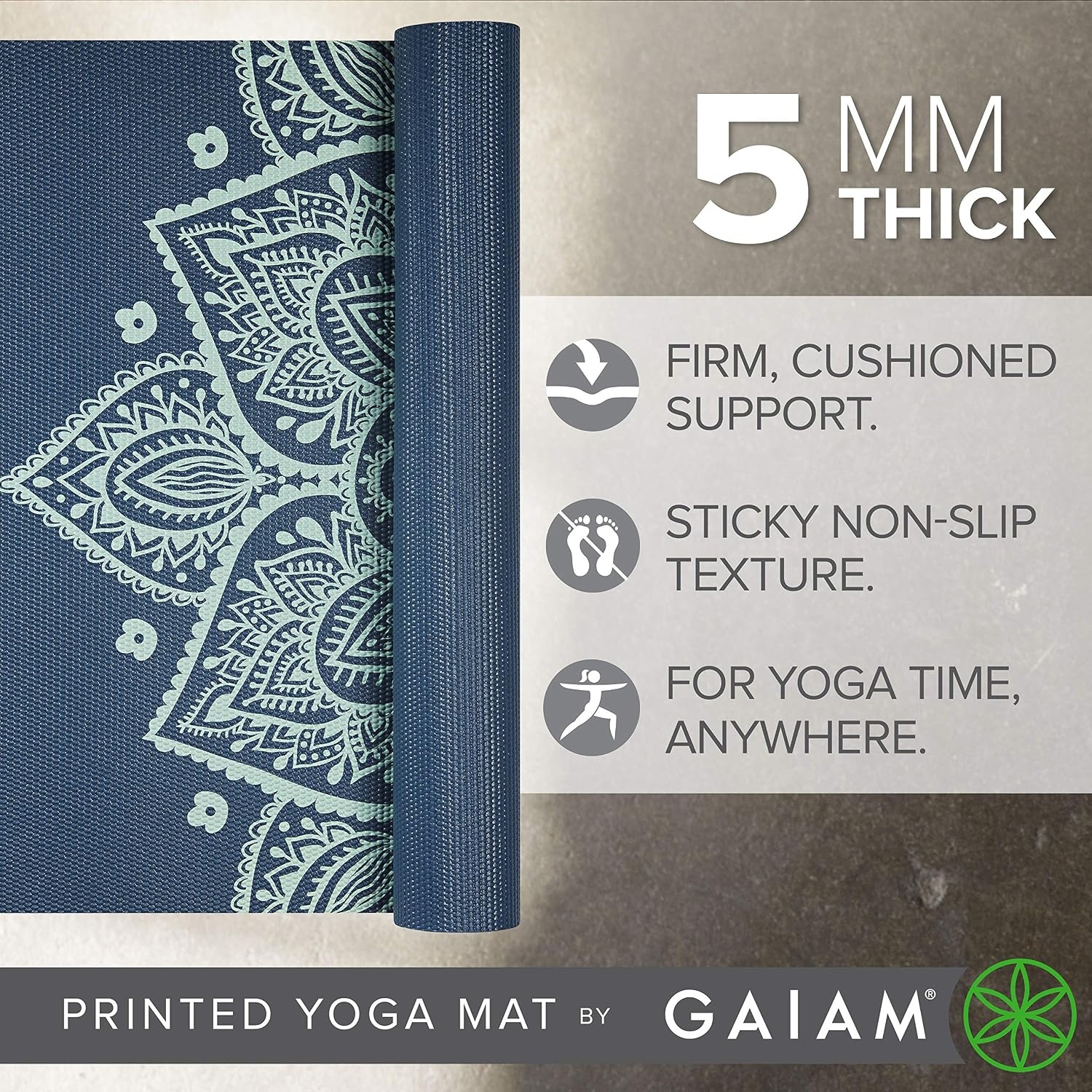 image:imageGaiam Yoga Mat  Premium 5mm Print Thick Non Slip Exercise amp Fitness Mat for All Types of Yoga Pilates amp Floor Workouts 68 x 24 x 5mm  Printed Design  Sticky NonSlip Surface  5mm Cushioning  Yoga Pilates amp Floor Workouts  68x24Indigo Sundial