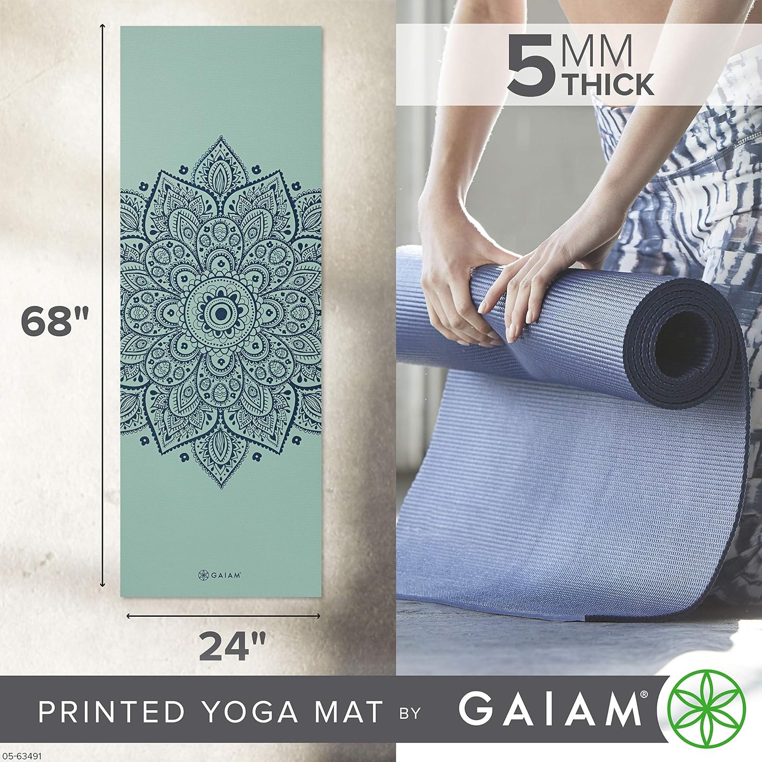 image:imageGaiam Yoga Mat  Premium 5mm Print Thick Non Slip Exercise amp Fitness Mat for All Types of Yoga Pilates amp Floor Workouts 68 x 24 x 5mm  Printed Design  Sticky NonSlip Surface  5mm Cushioning  Yoga Pilates amp Floor Workouts  68x24Cool Mint Sundial
