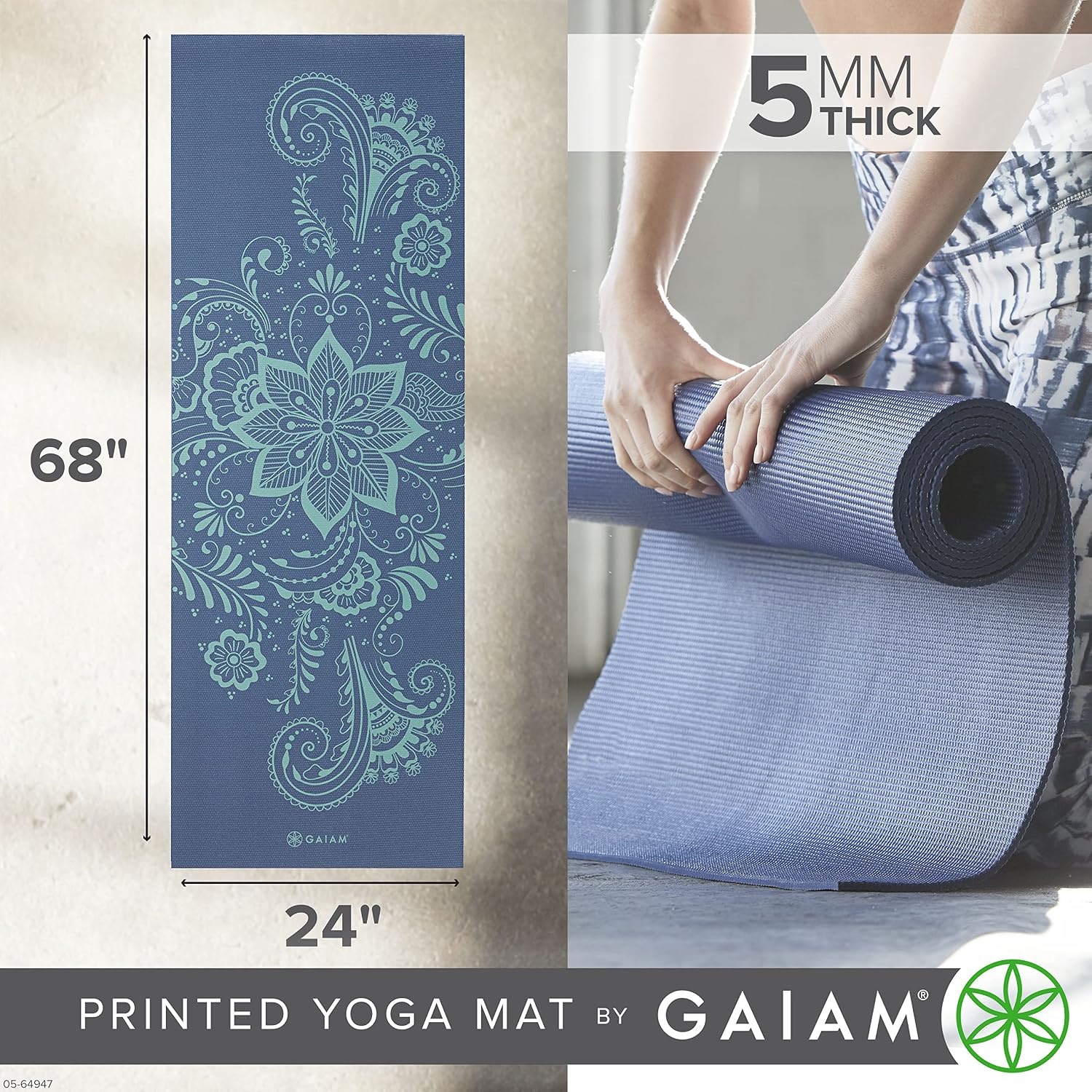 image:imageGaiam Yoga Mat  Premium 5mm Print Thick Non Slip Exercise amp Fitness Mat for All Types of Yoga Pilates amp Floor Workouts 68 x 24 x 5mm  Printed Design  Sticky NonSlip Surface  5mm Cushioning  Yoga Pilates amp Floor Workouts  68x24High Tide Swirl