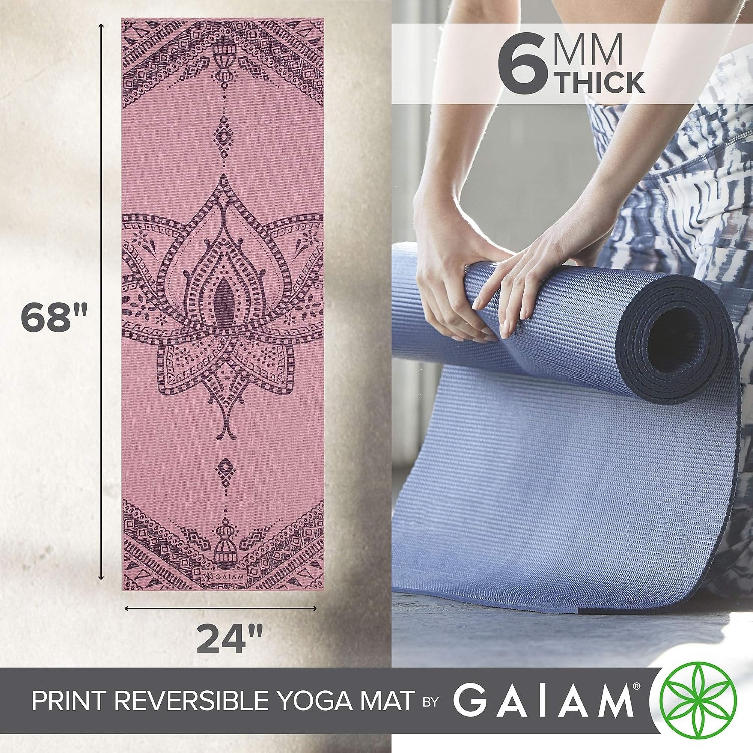 image:imageGaiam Yoga Mat  Premium 6mm Print Reversible Extra Thick Non Slip Exercise amp Fitness Mat for All Types of Yoga Pilates amp Floor Workouts 68 x 24 x 6mm ThickInner Peace Lotus