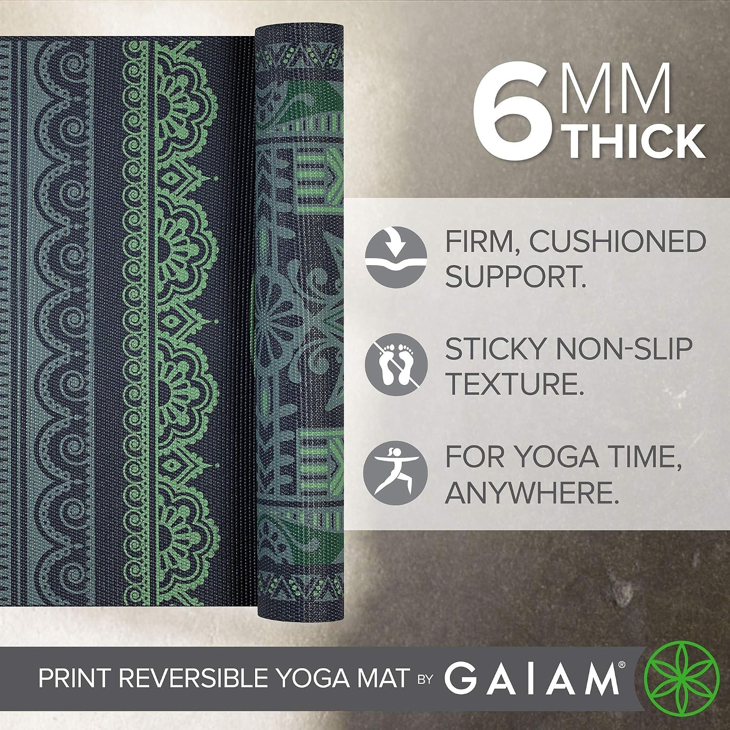 image:imageGaiam Yoga Mat  Premium 6mm Print Reversible Extra Thick Non Slip Exercise amp Fitness Mat for All Types of Yoga Pilates amp Floor Workouts 68 x 24 x 6mm ThickBoho Folk