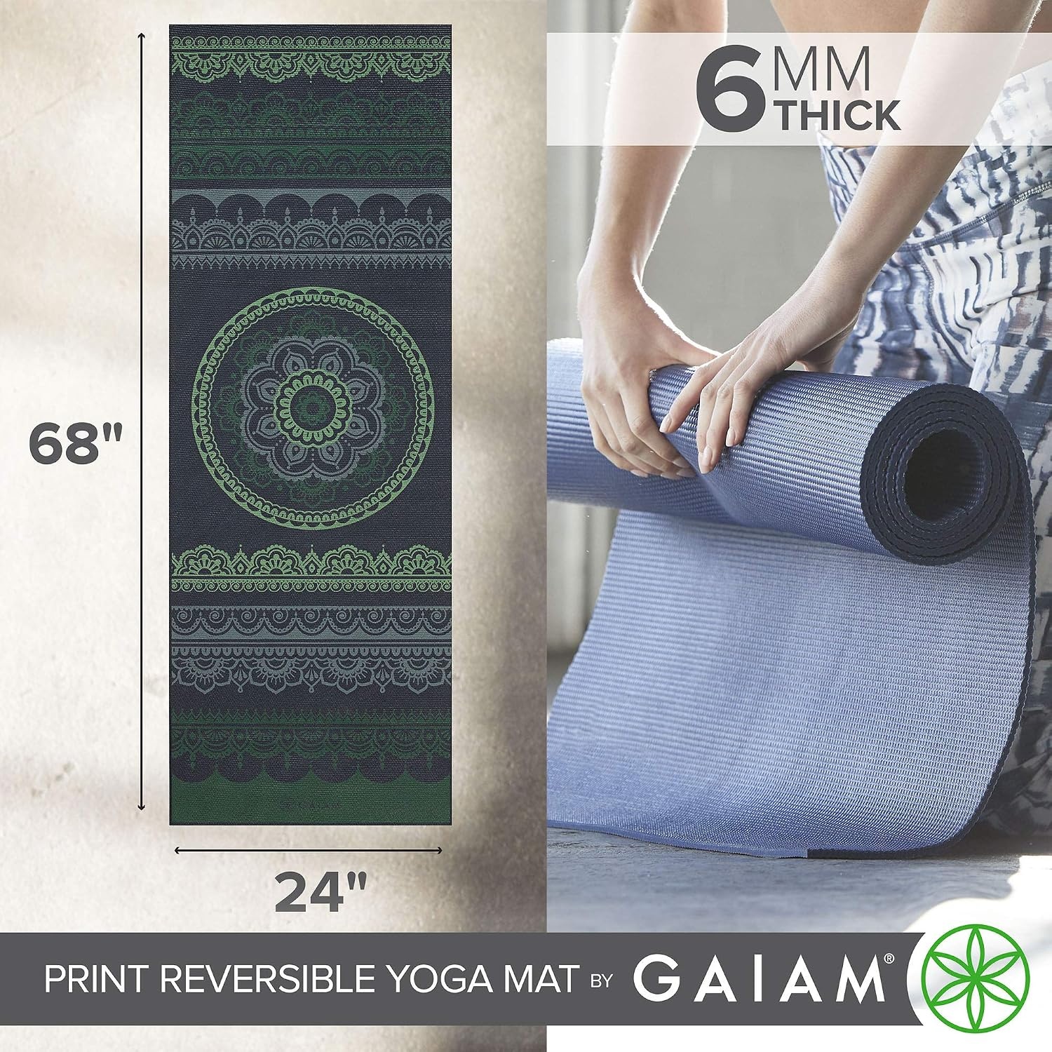 image:imageGaiam Yoga Mat  Premium 6mm Print Reversible Extra Thick Non Slip Exercise amp Fitness Mat for All Types of Yoga Pilates amp Floor Workouts 68 x 24 x 6mm ThickBoho Folk