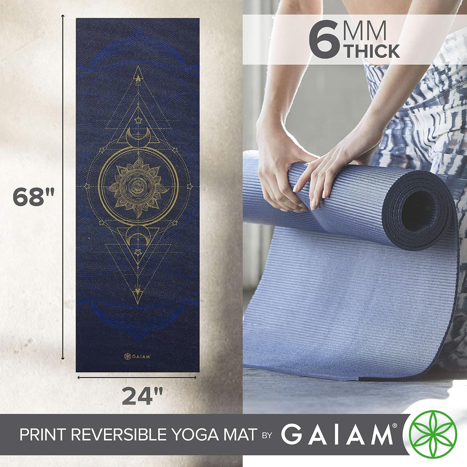 image:imageGaiam Yoga Mat  Premium 6mm Print Reversible Extra Thick Non Slip Exercise amp Fitness Mat for All Types of Yoga Pilates amp Floor Workouts 68 x 24 x 6mm ThickMetallic Sun  Moon
