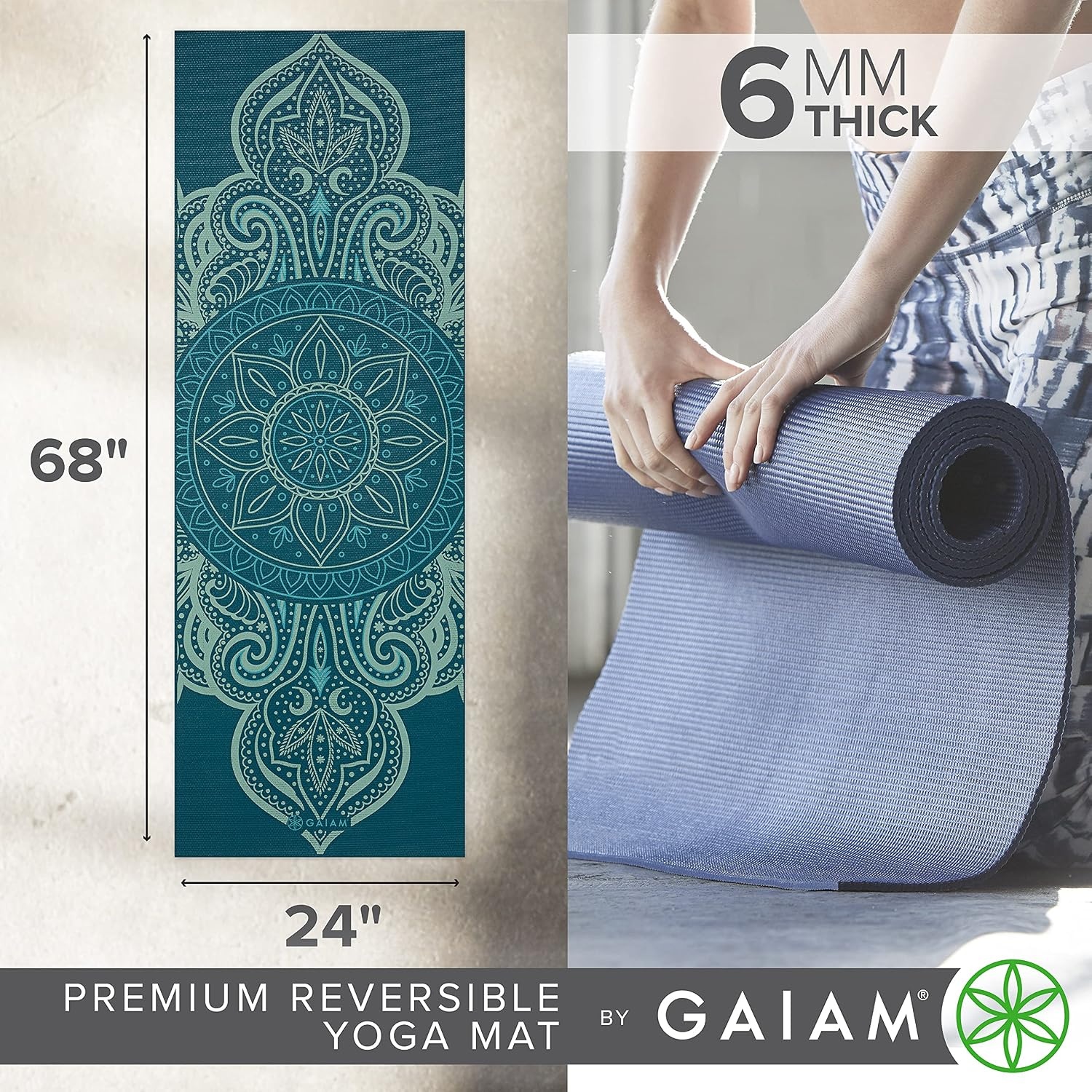 image:imageGaiam Yoga Mat  Premium 6mm Print Reversible Extra Thick Non Slip Exercise amp Fitness Mat for All Types of Yoga Pilates amp Floor Workouts 68 x 24 x 6mm ThickSeaglass