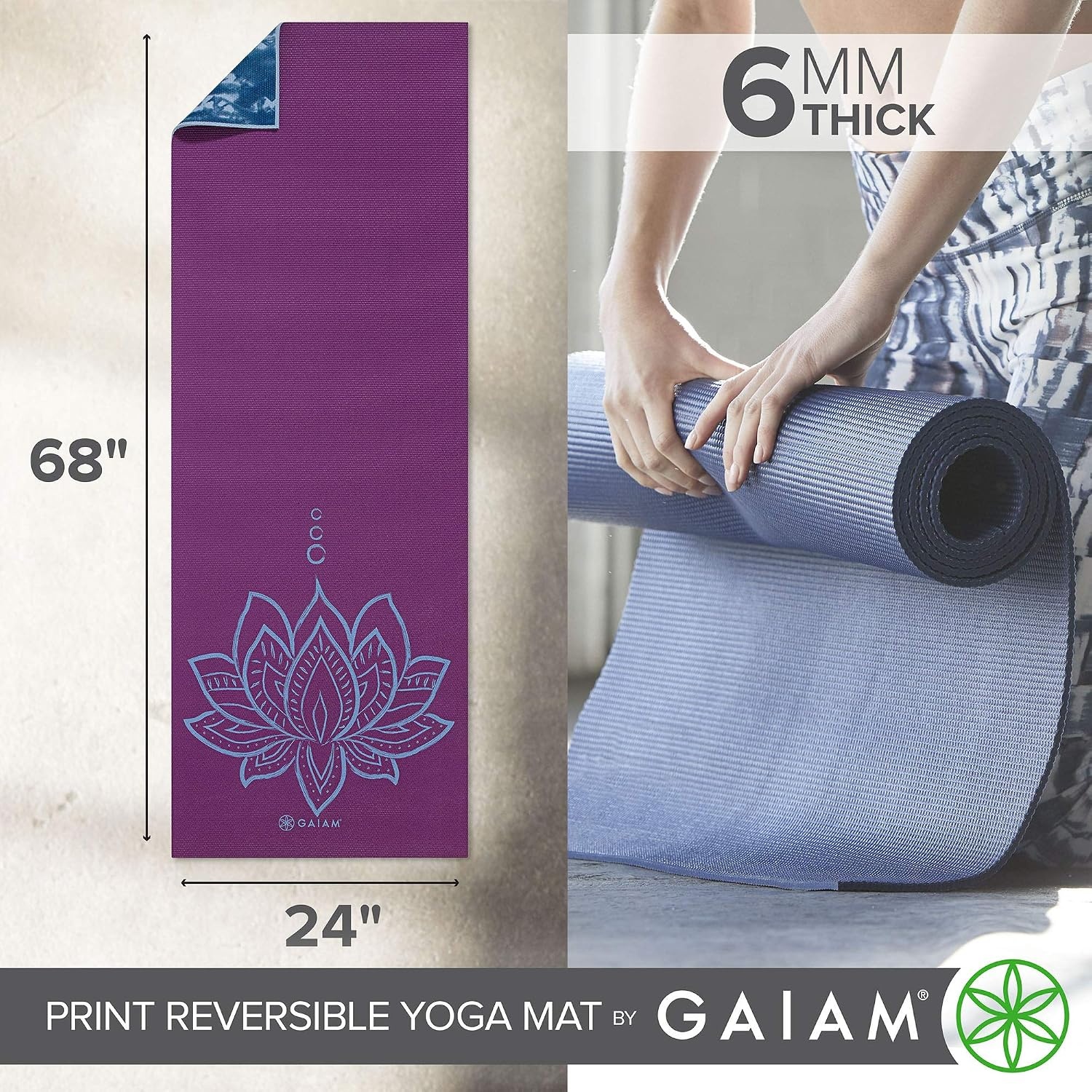image:imageGaiam Yoga Mat  Premium 6mm Print Reversible Extra Thick Non Slip Exercise amp Fitness Mat for All Types of Yoga Pilates amp Floor Workouts 68 x 24 x 6mm ThickPurple Lotus