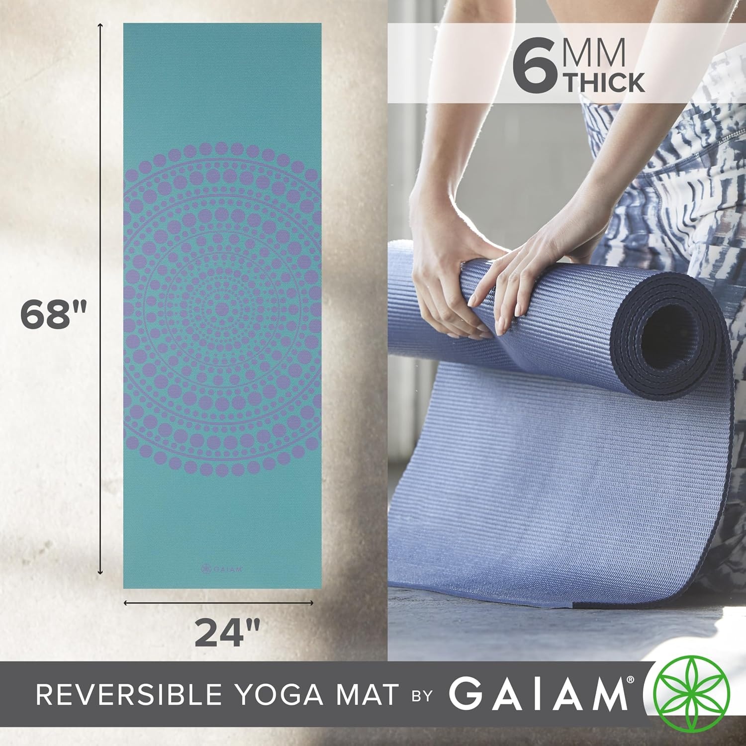 image:imageGaiam Yoga Mat  Premium 6mm Print Reversible Extra Thick Non Slip Exercise amp Fitness Mat for All Types of Yoga Pilates amp Floor Workouts 68 x 24 x 6mm ThickAqua Trance