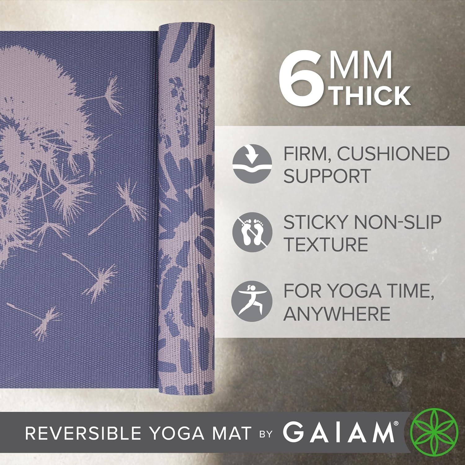 image:imageGaiam Yoga Mat  Premium 6mm Print Reversible Extra Thick Non Slip Exercise amp Fitness Mat for All Types of Yoga Pilates amp Floor Workouts 68 x 24 x 6mm ThickDandelion Fossil