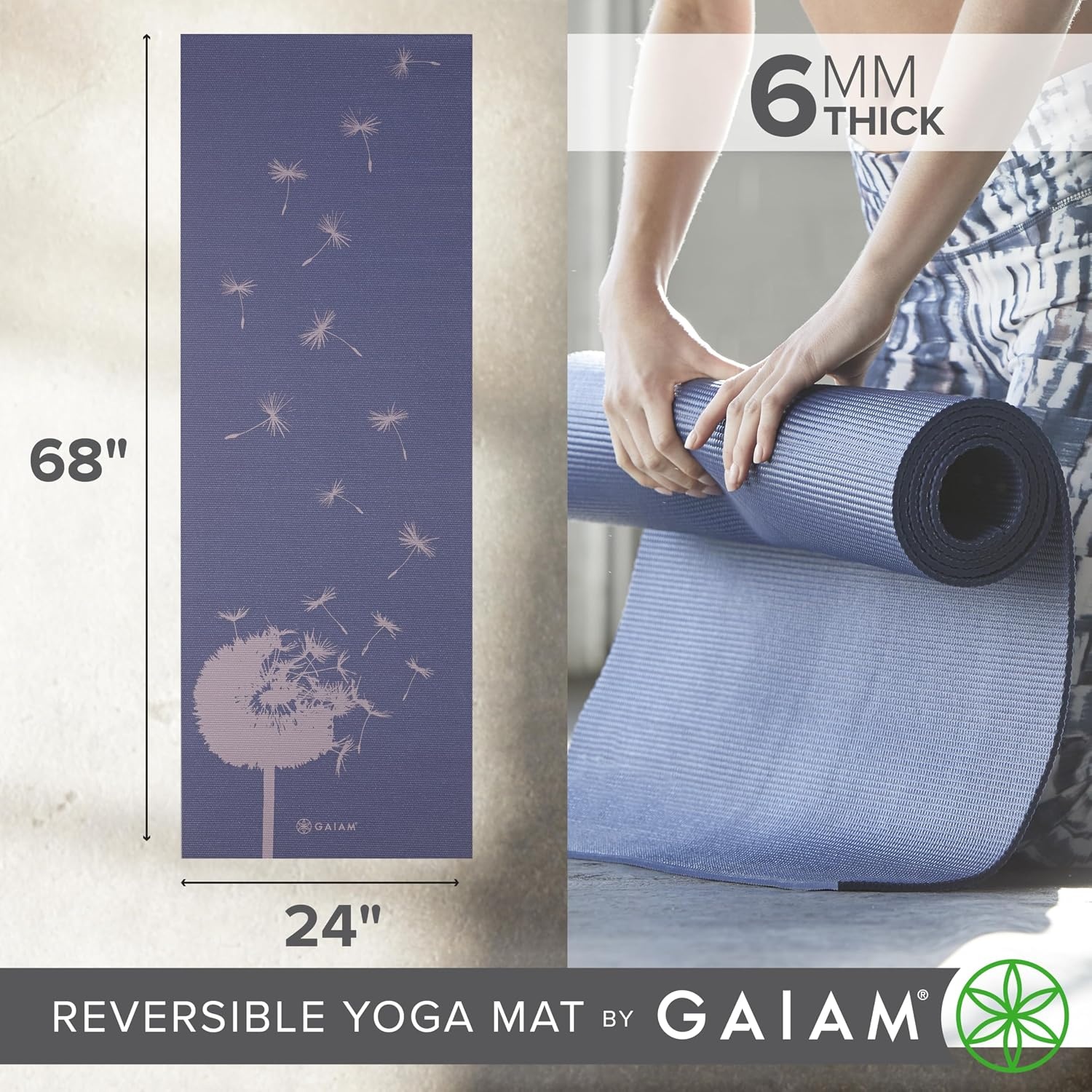 image:imageGaiam Yoga Mat  Premium 6mm Print Reversible Extra Thick Non Slip Exercise amp Fitness Mat for All Types of Yoga Pilates amp Floor Workouts 68 x 24 x 6mm ThickDandelion Fossil