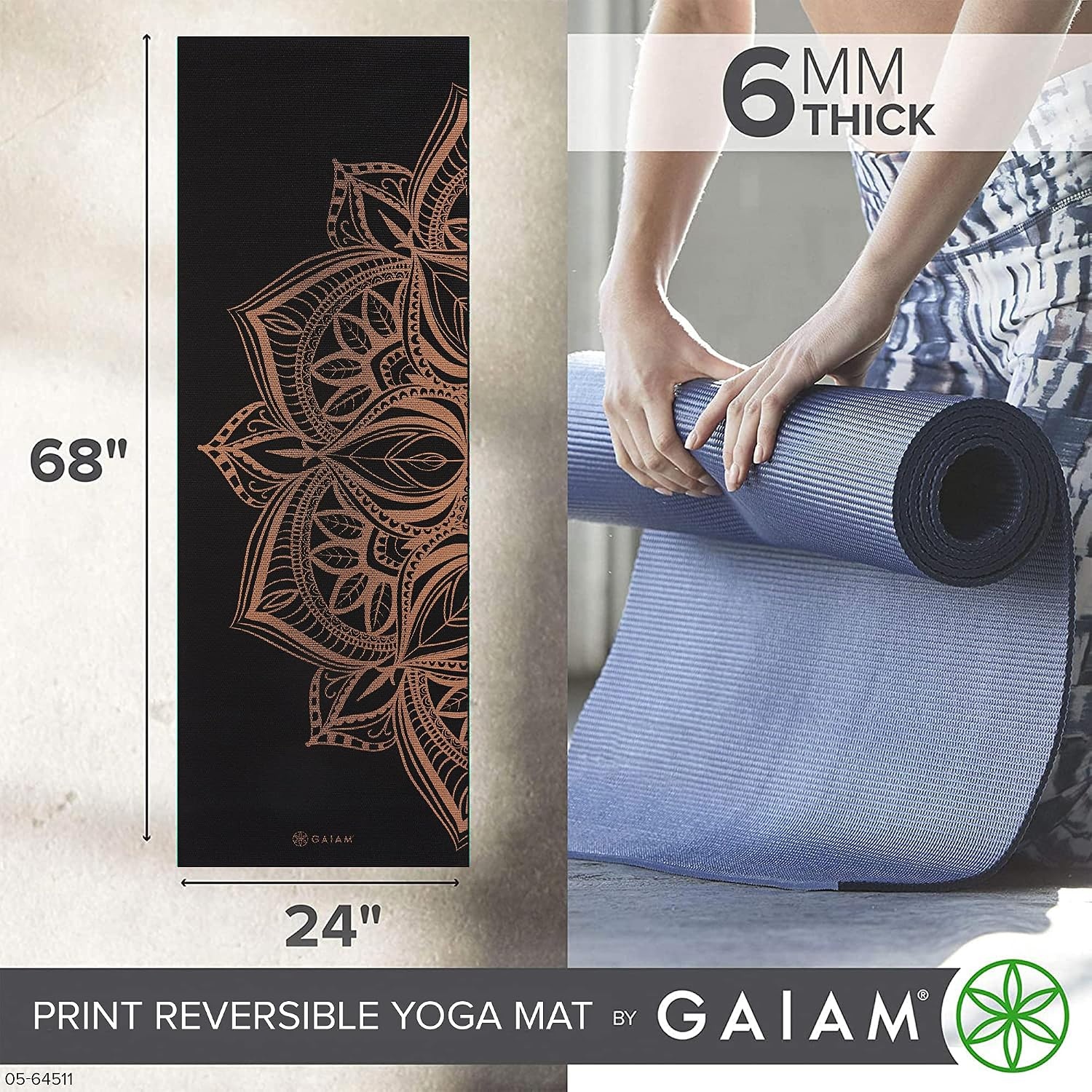image:imageGaiam Yoga Mat  Premium 6mm Print Reversible Extra Thick Non Slip Exercise amp Fitness Mat for All Types of Yoga Pilates amp Floor Workouts 68 x 24 x 6mm ThickMarbled Bronze Medallion