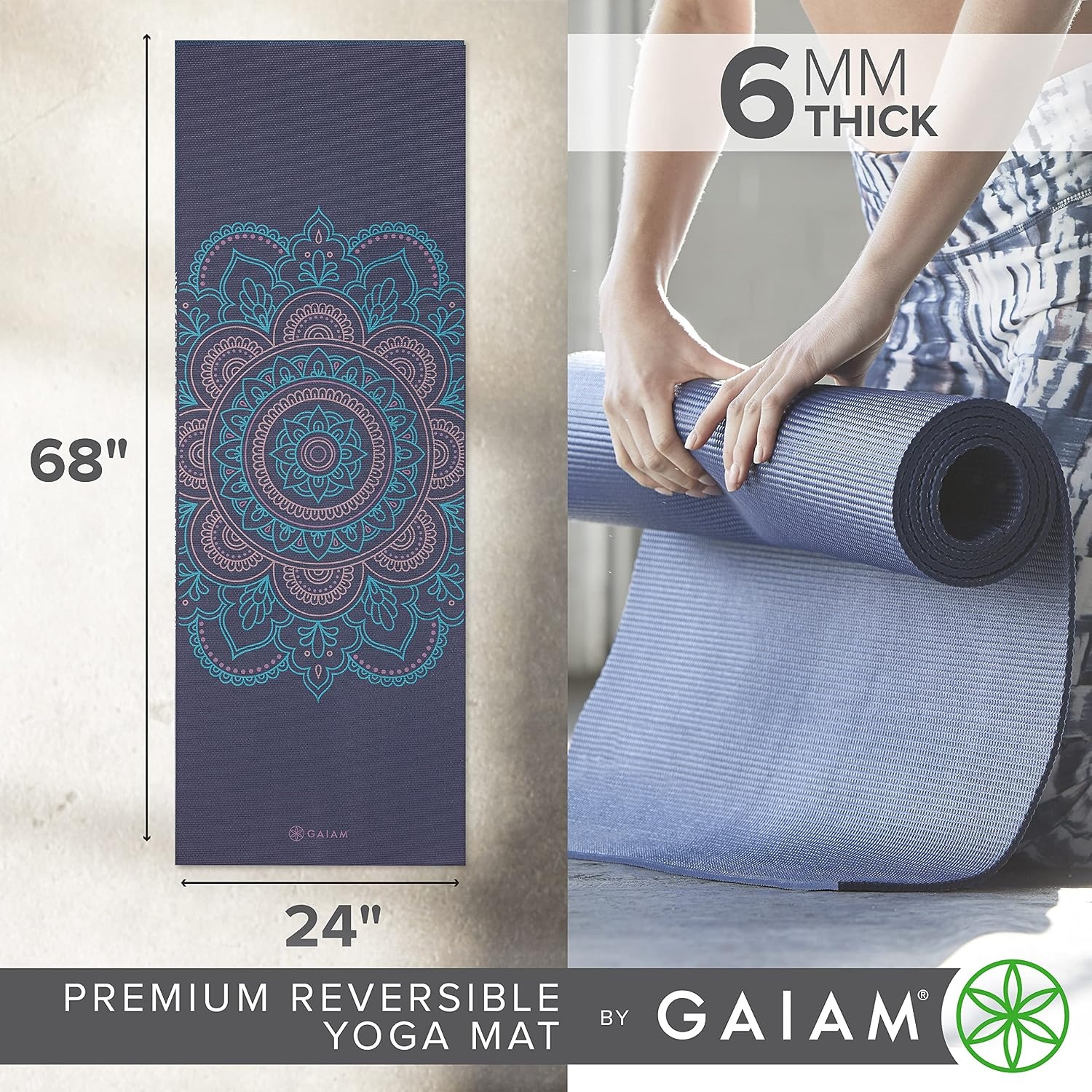 image:imageGaiam Yoga Mat  Premium 6mm Print Reversible Extra Thick Non Slip Exercise amp Fitness Mat for All Types of Yoga Pilates amp Floor Workouts 68 x 24 x 6mm ThickPurple Illusion