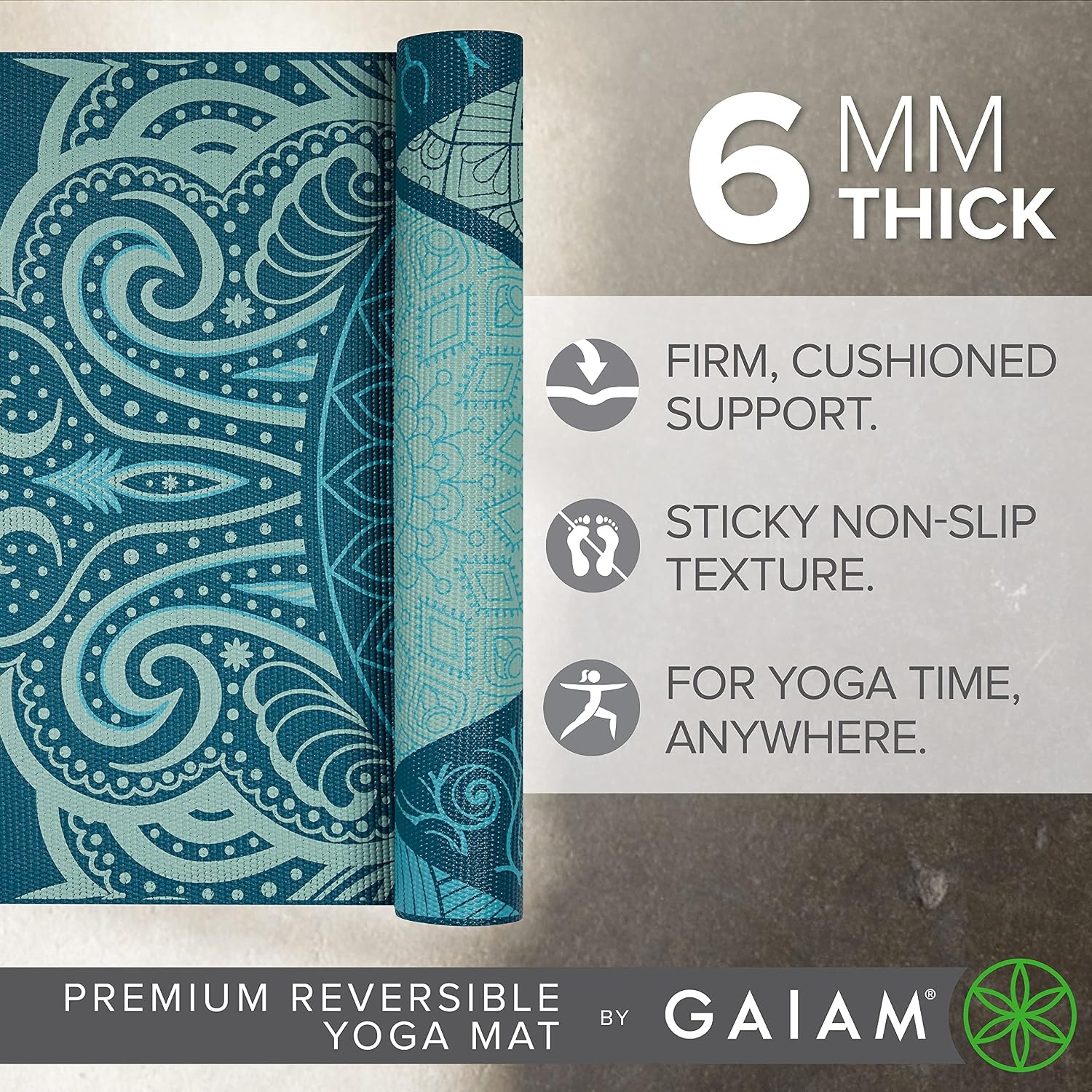 image:imageGaiam Yoga Mat  Premium 6mm Print Reversible Extra Thick Non Slip Exercise amp Fitness Mat for All Types of Yoga Pilates amp Floor Workouts 68 x 24 x 6mm ThickSeaglass