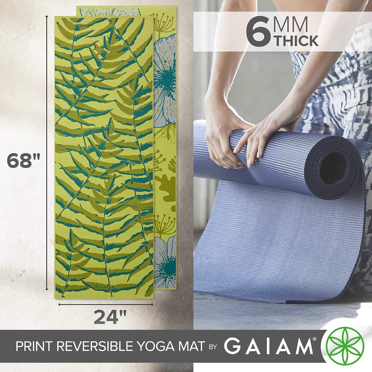 image:imageGaiam Yoga Mat Premium Print Reversible Extra Thick Non Slip Exercise amp Fitness Mat for All Types of Yoga Pilates amp Floor Workouts Floral Fern 6mm